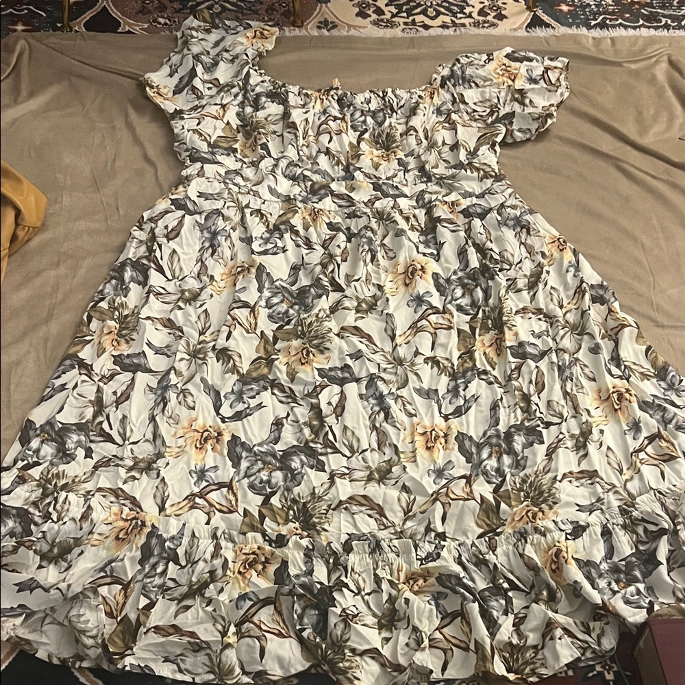 torrid Cream Floral Midi Dress with Gray and Yellow Accents